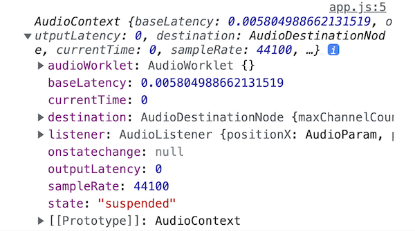 examining the 'state' property on the AudioContext object