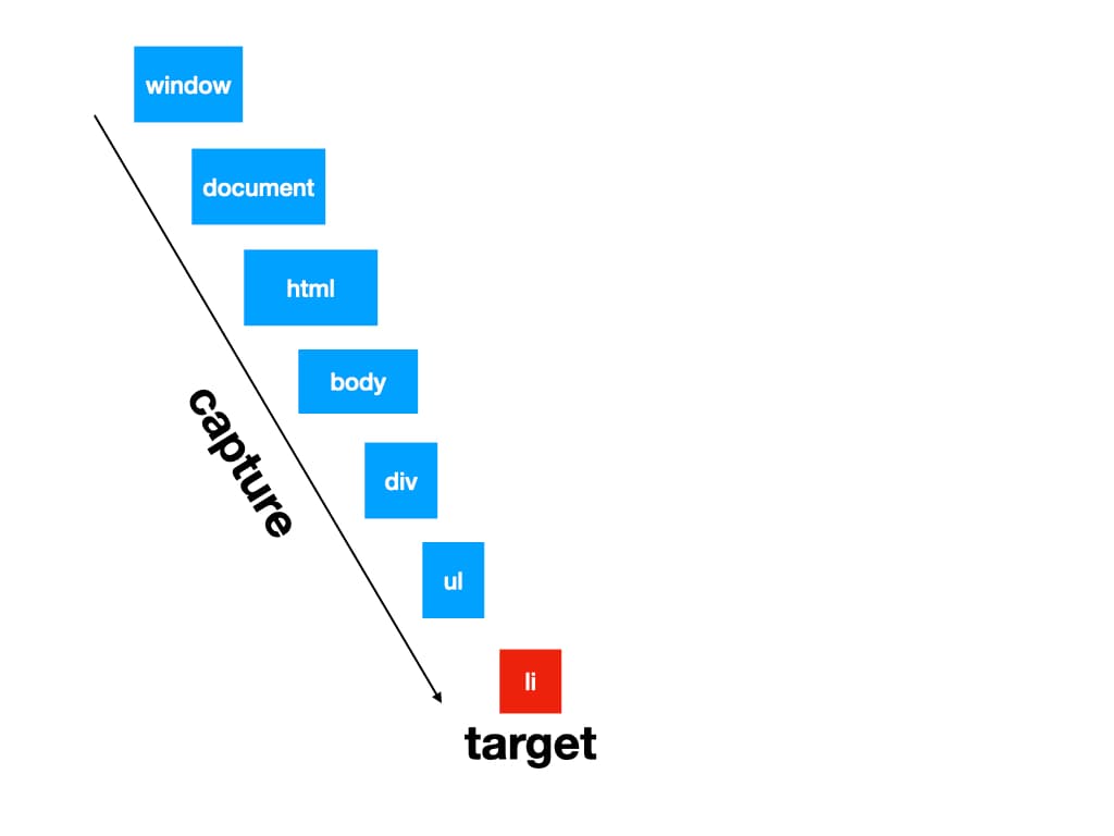 The capture and target phases in relationship to HTML element hierarchy