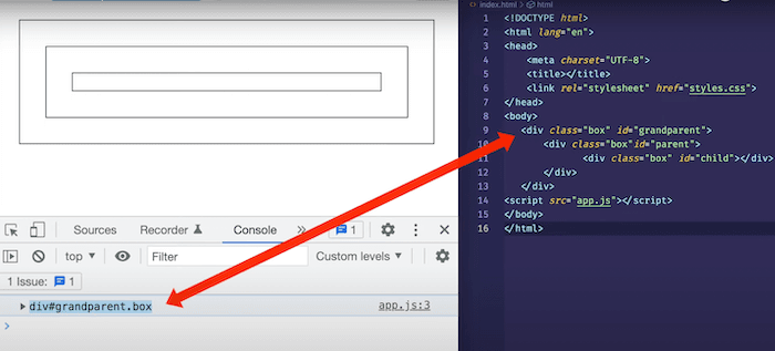 examining grandparent div in the console