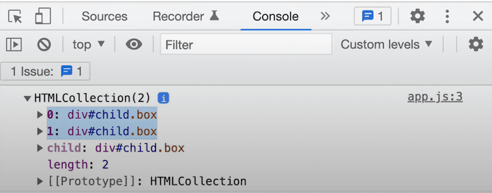 examining child elements in console