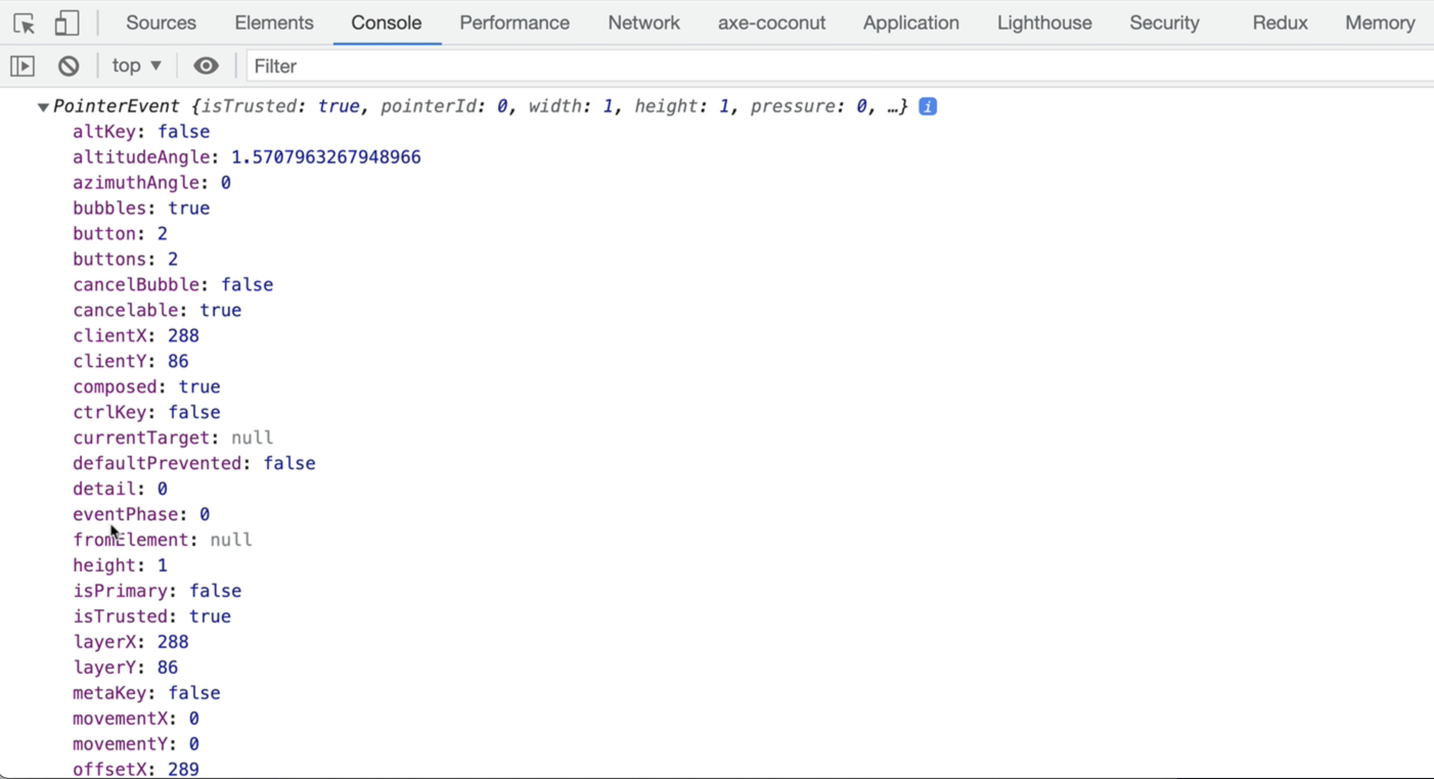 examining a JavaScript event object in Google Chrome Dev Tools console
