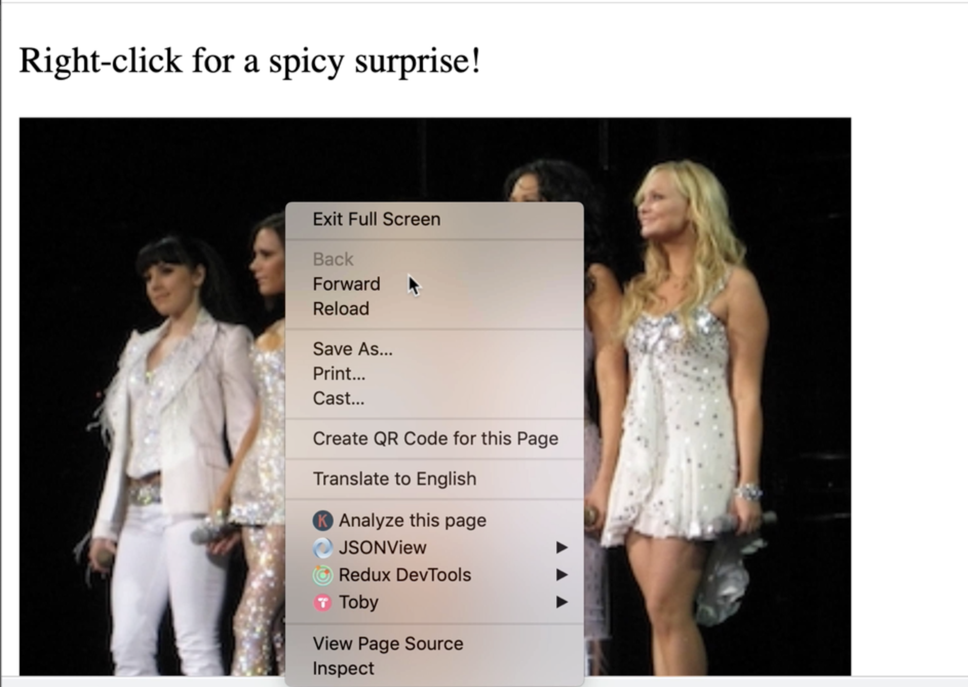 The Spice Girls with the context menu blocking them