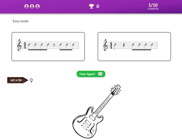 Musical rhythmic ear training game coded with React and Redux and created by The Code Creative